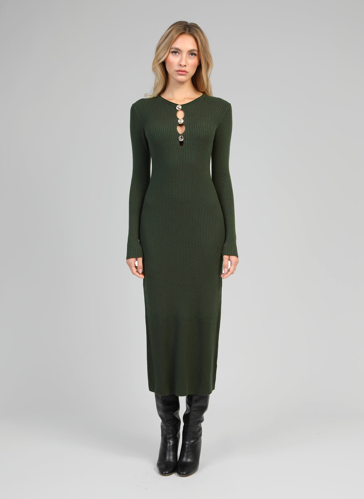 nadia knit dress LONG DRESS, Khaki frills