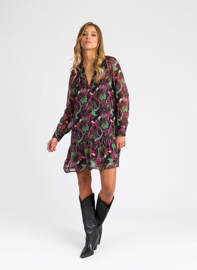 Short printed dress with smocked collar ODE
