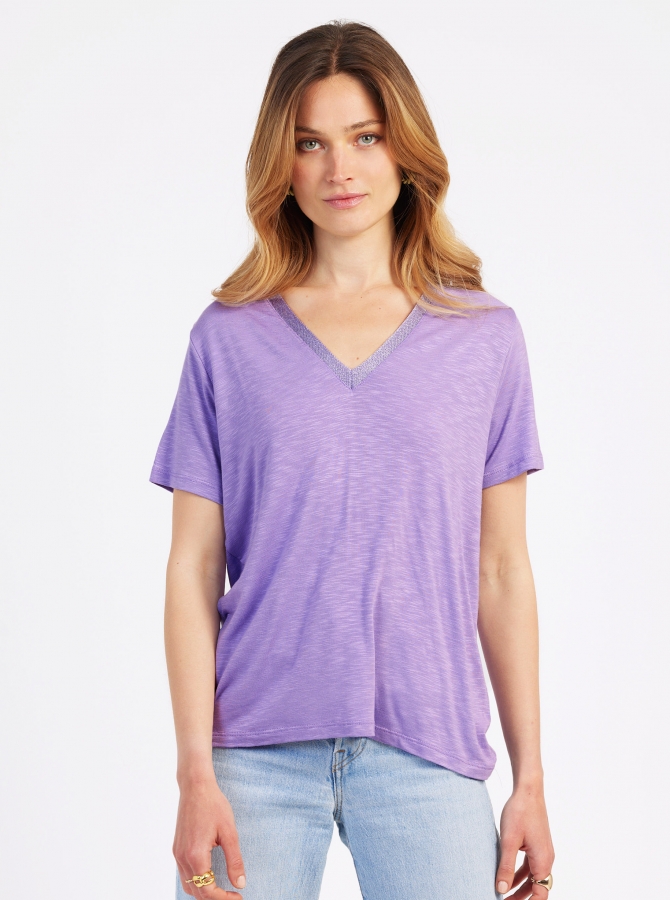 Plain V-neck T-shirt in lurex mesh TEVIE Ange - 24
