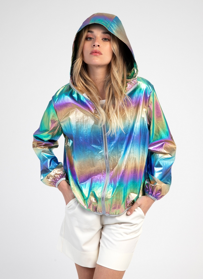 AN IRIDESCENT HOODED JACKET HOLLY
