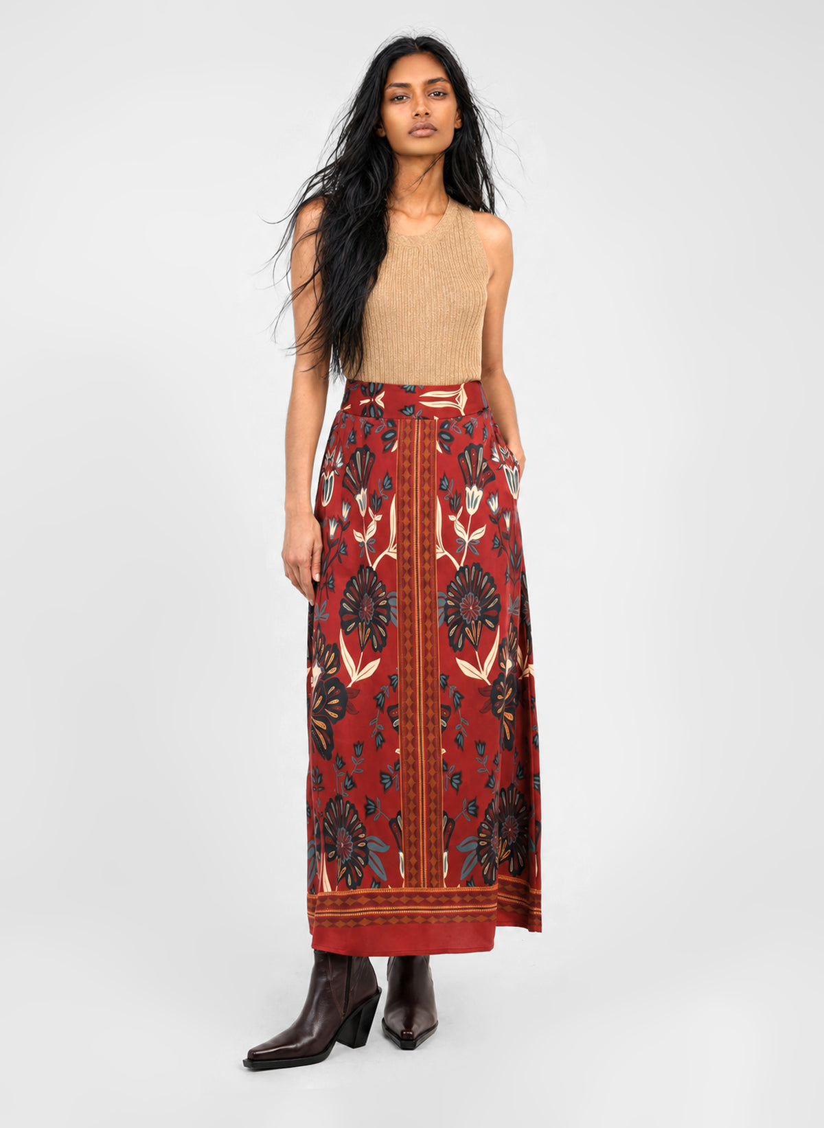 ROBILIANE LONG SKIRT, burgundy tulip print